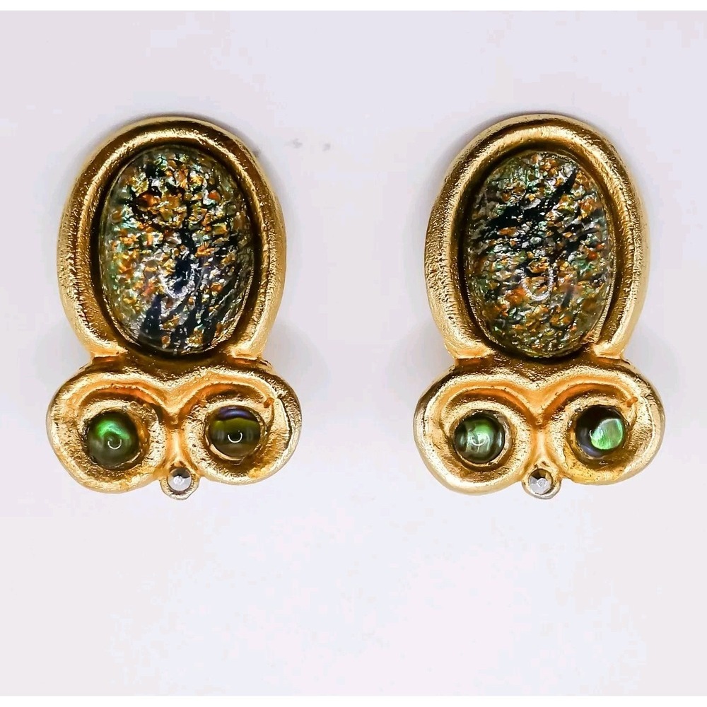 Gerard Yosca Dichoric Glass Earrings Gold Tone Clip-on Chunky 1.8" Vintage